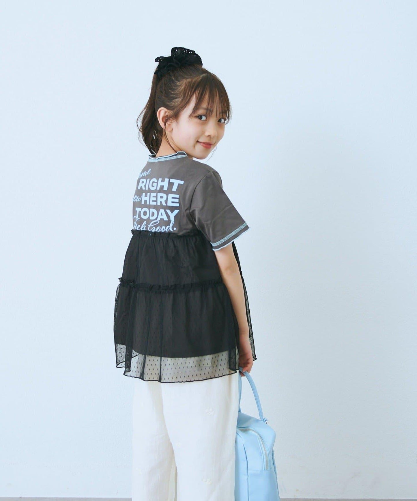 KIDS 圓點網紗拼接配色拼線 連衣裙