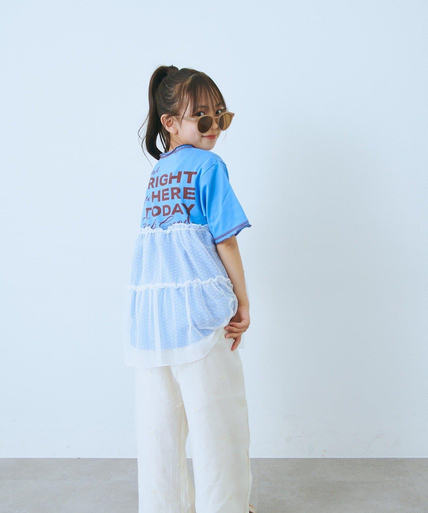 KIDS 圓點網紗拼接配色拼線 連衣裙