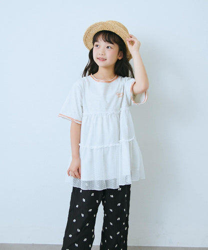 KIDS 圓點網紗拼接配色拼線 連衣裙