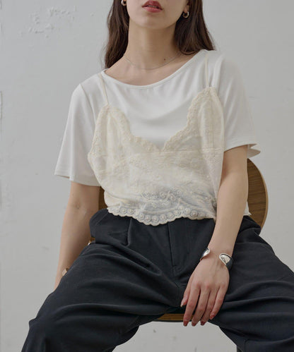 波浪邊刺繡蕾絲 吊帶上衣