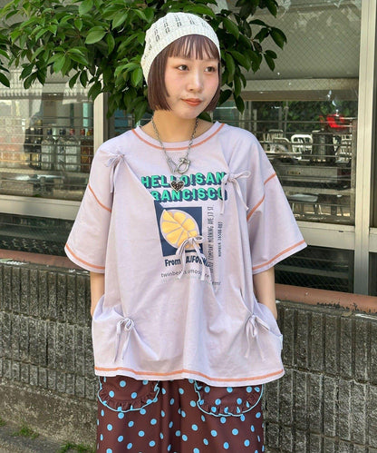 HELLO.SANFRANCISCO 褶飾蝴蝶結印花 短袖T恤