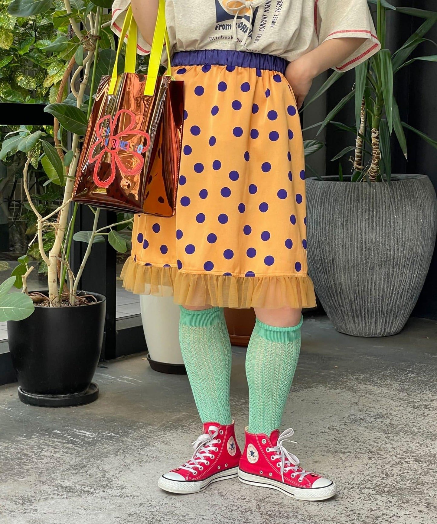 HELLO.SANFRANCISCO 緞面圓點網紗中長半身裙