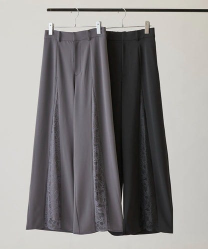 Lui's mi-企畫 刺繡蕾絲拼接闊腿褲