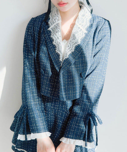 OLIVE des OLIVE 短款蕾絲領西裝外套