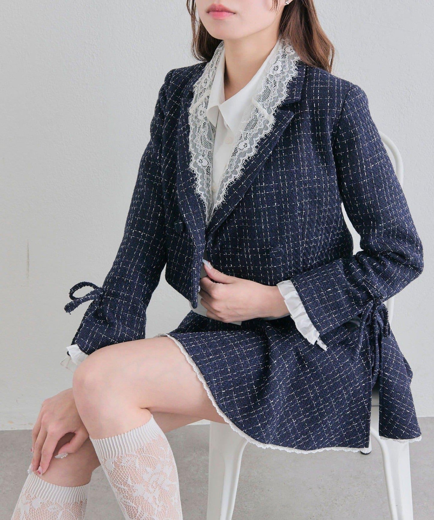 OLIVE des OLIVE 短款蕾絲領西裝外套