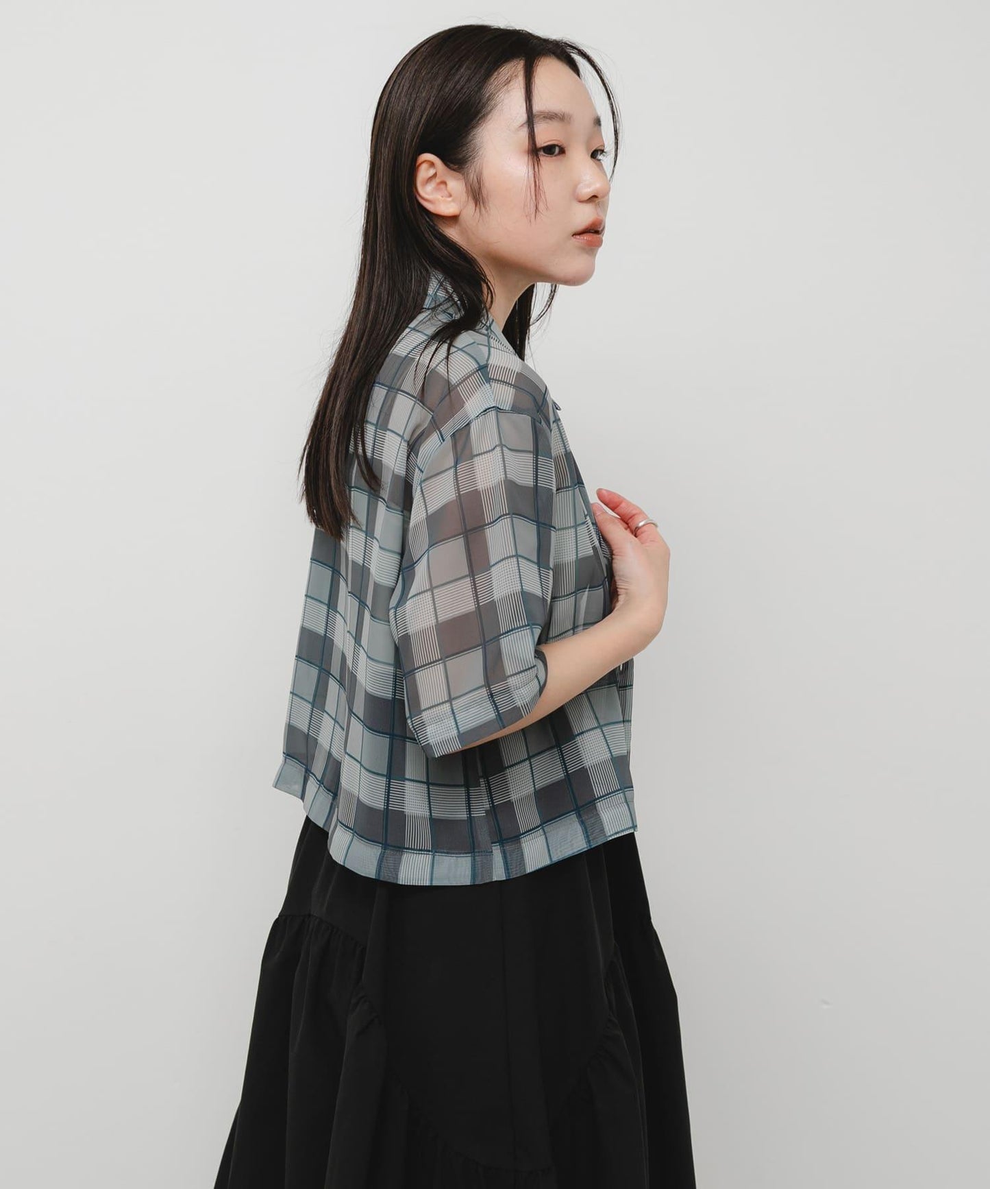 透視格紋 五分袖 襯衫