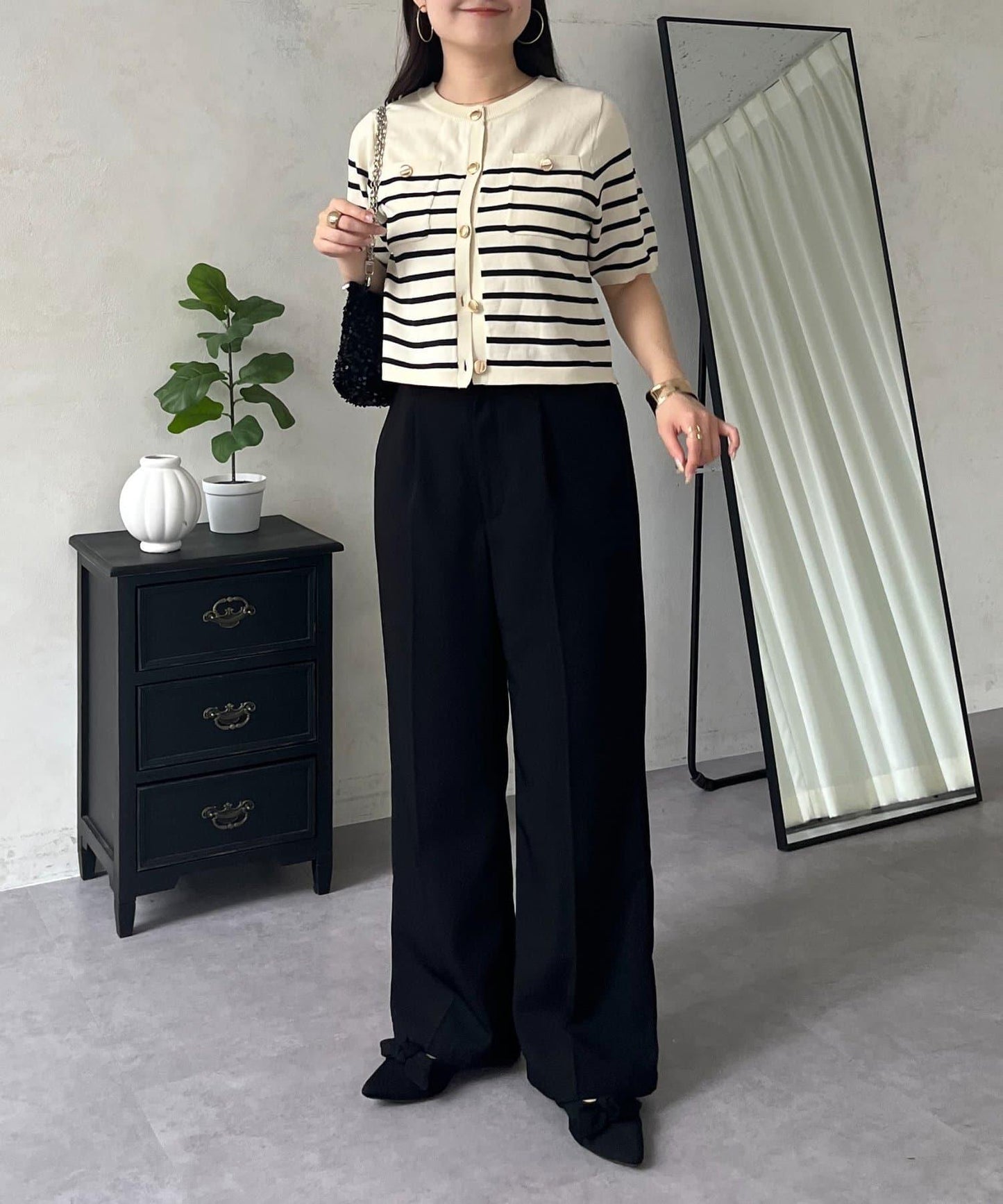 金色紐扣 胸口口袋 短款針織開衫