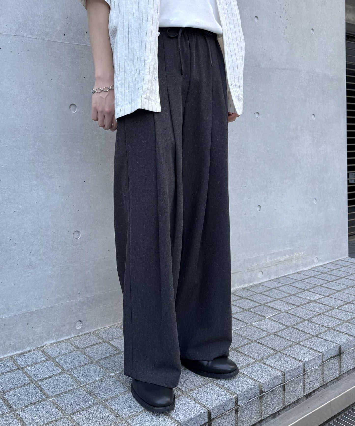 亞麻混紡 雙褶 闊腿 褲子