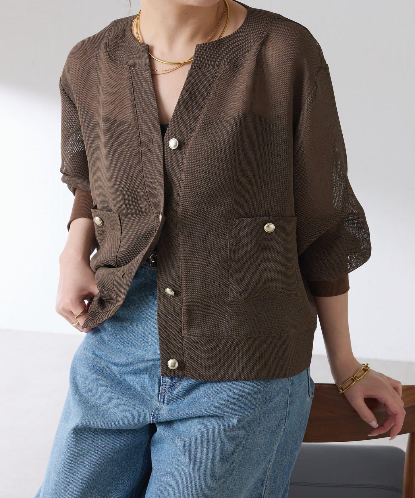 人氣設計 開領 網眼 金屬紐扣 針織開衫