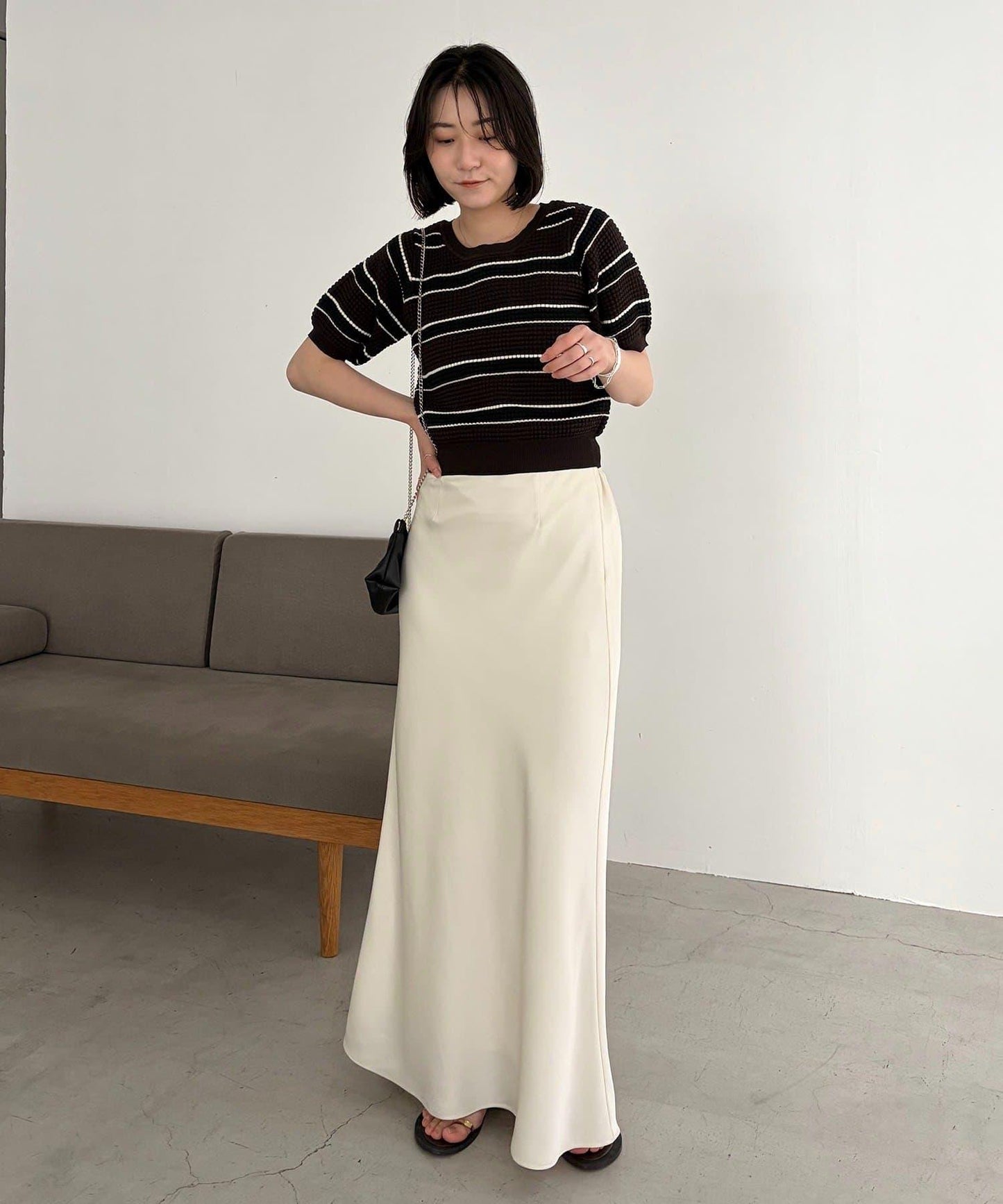 清爽風 直筒 條紋華夫格 針織上衣