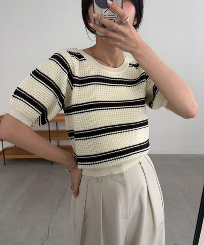 清爽風 直筒 條紋華夫格 針織上衣