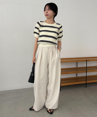 清爽風 直筒 條紋華夫格 針織上衣