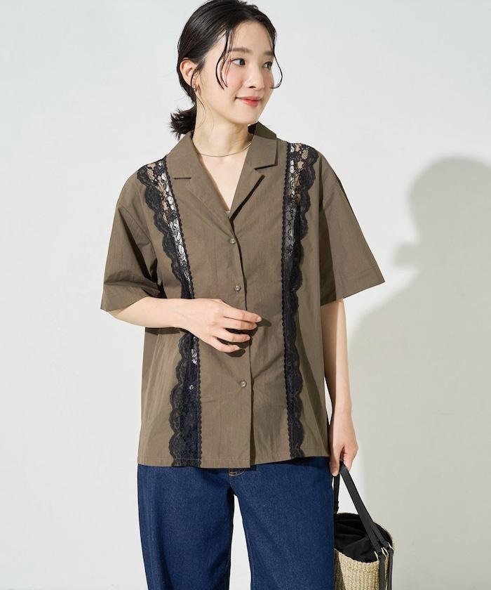 蕾絲拼接透紗 開領襯衫