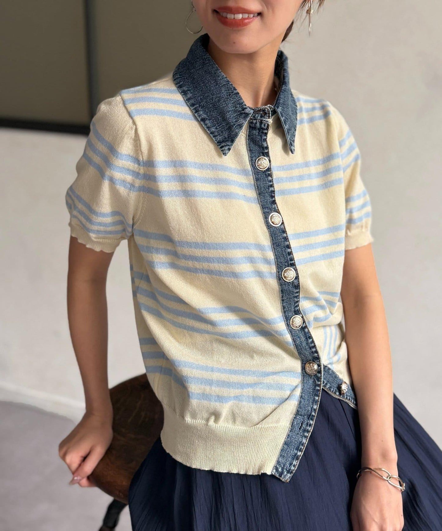 牛仔拼接條紋針織襯衫