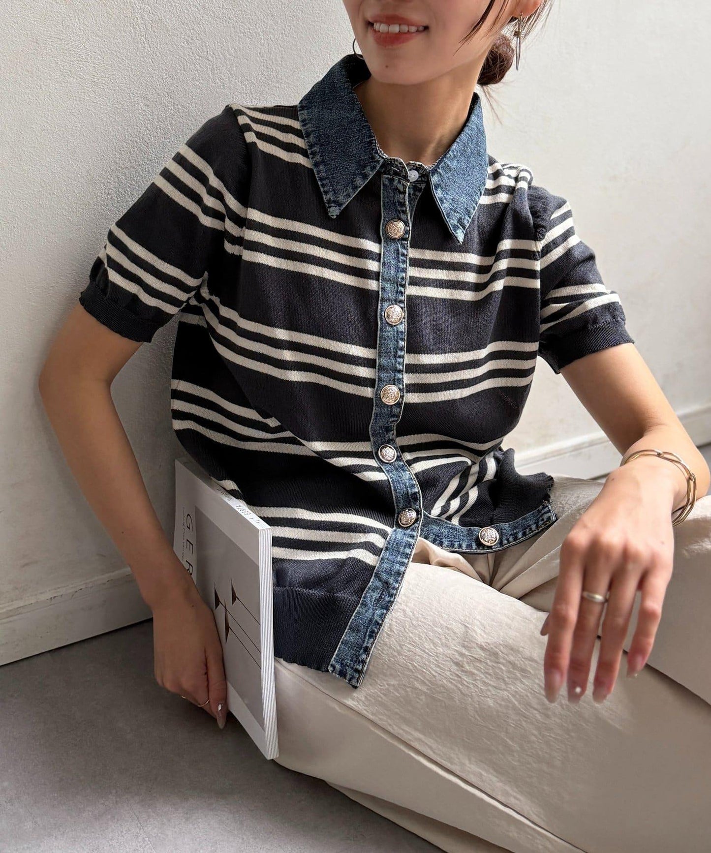 牛仔拼接條紋針織襯衫