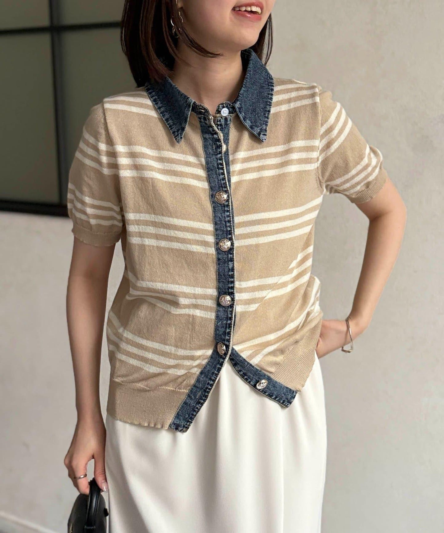 牛仔拼接條紋針織襯衫