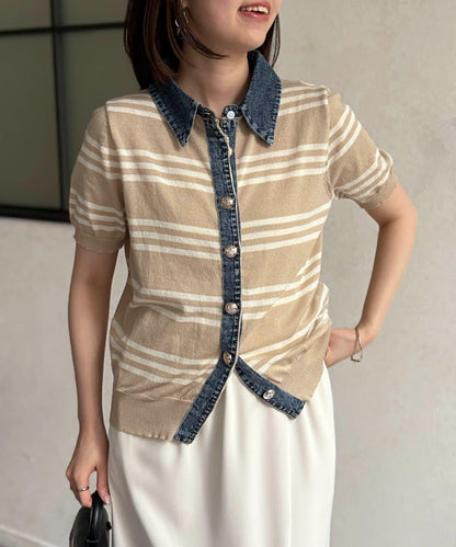 牛仔拼接條紋針織襯衫