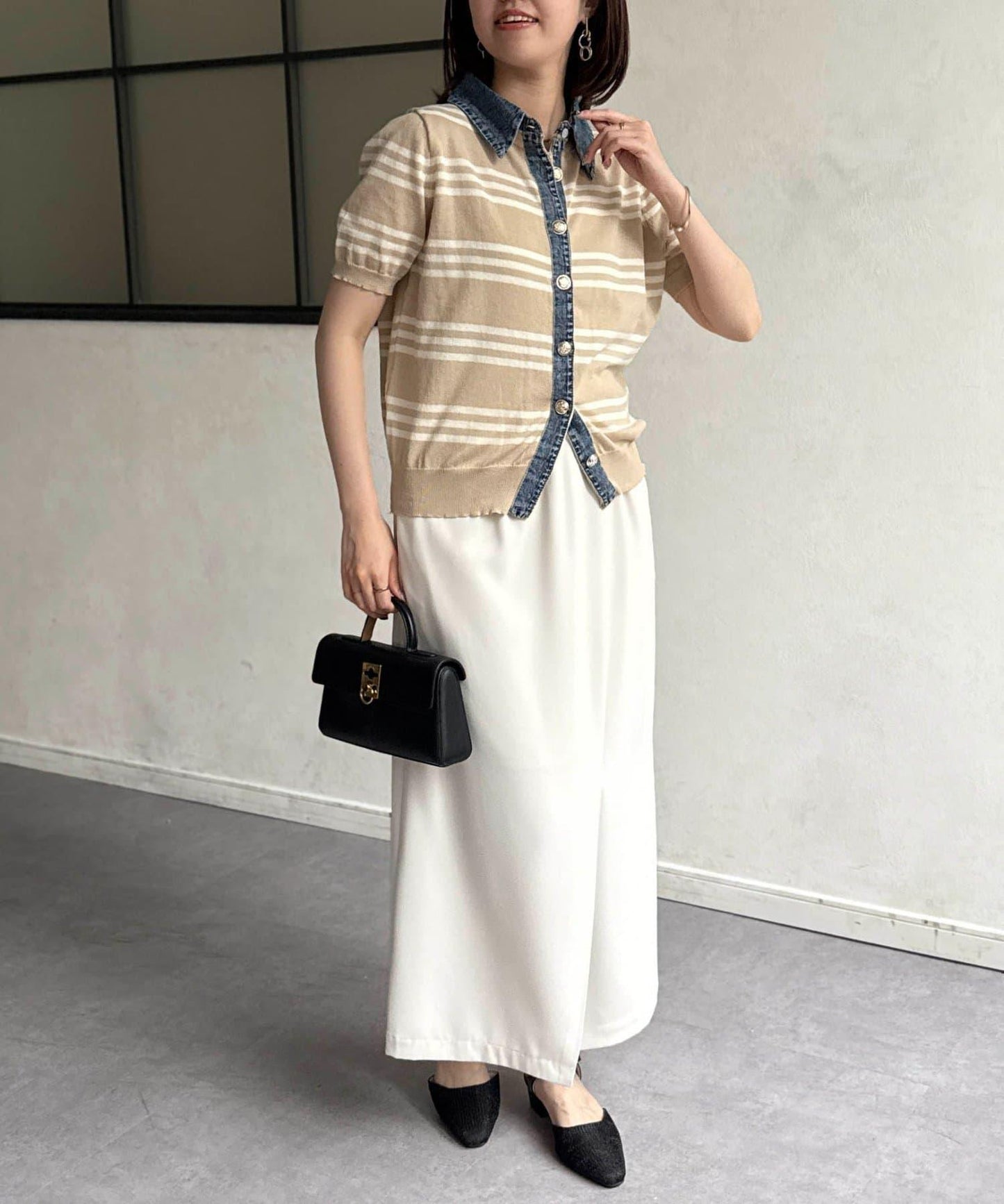牛仔拼接條紋針織襯衫
