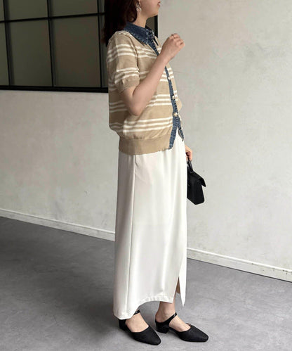 牛仔拼接條紋針織襯衫