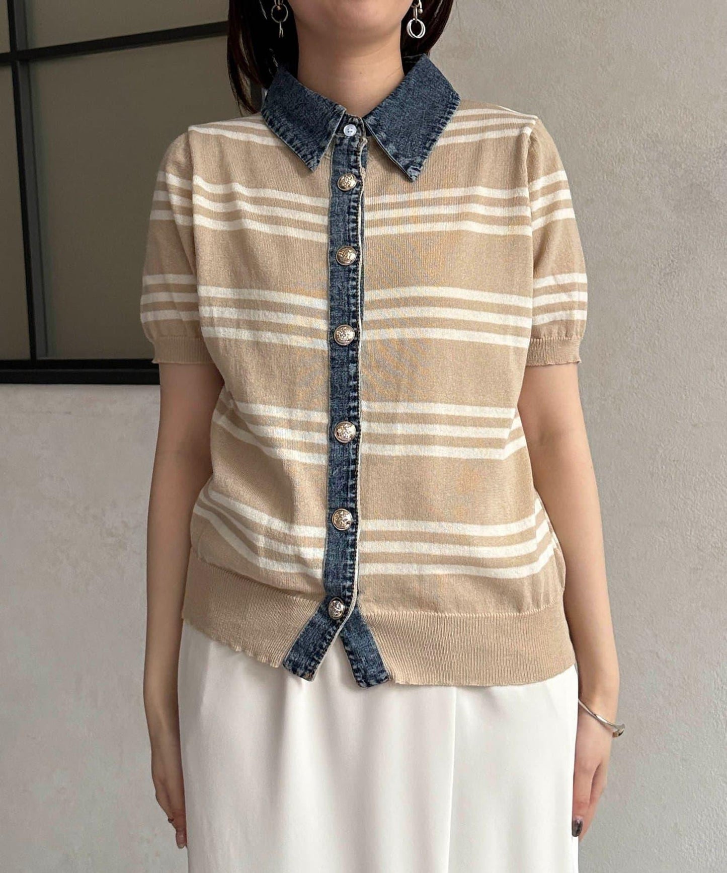 牛仔拼接條紋針織襯衫