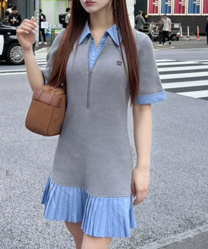 one after another 拼接百褶短袖連衣裙