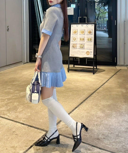 one after another 拼接百褶短袖連衣裙