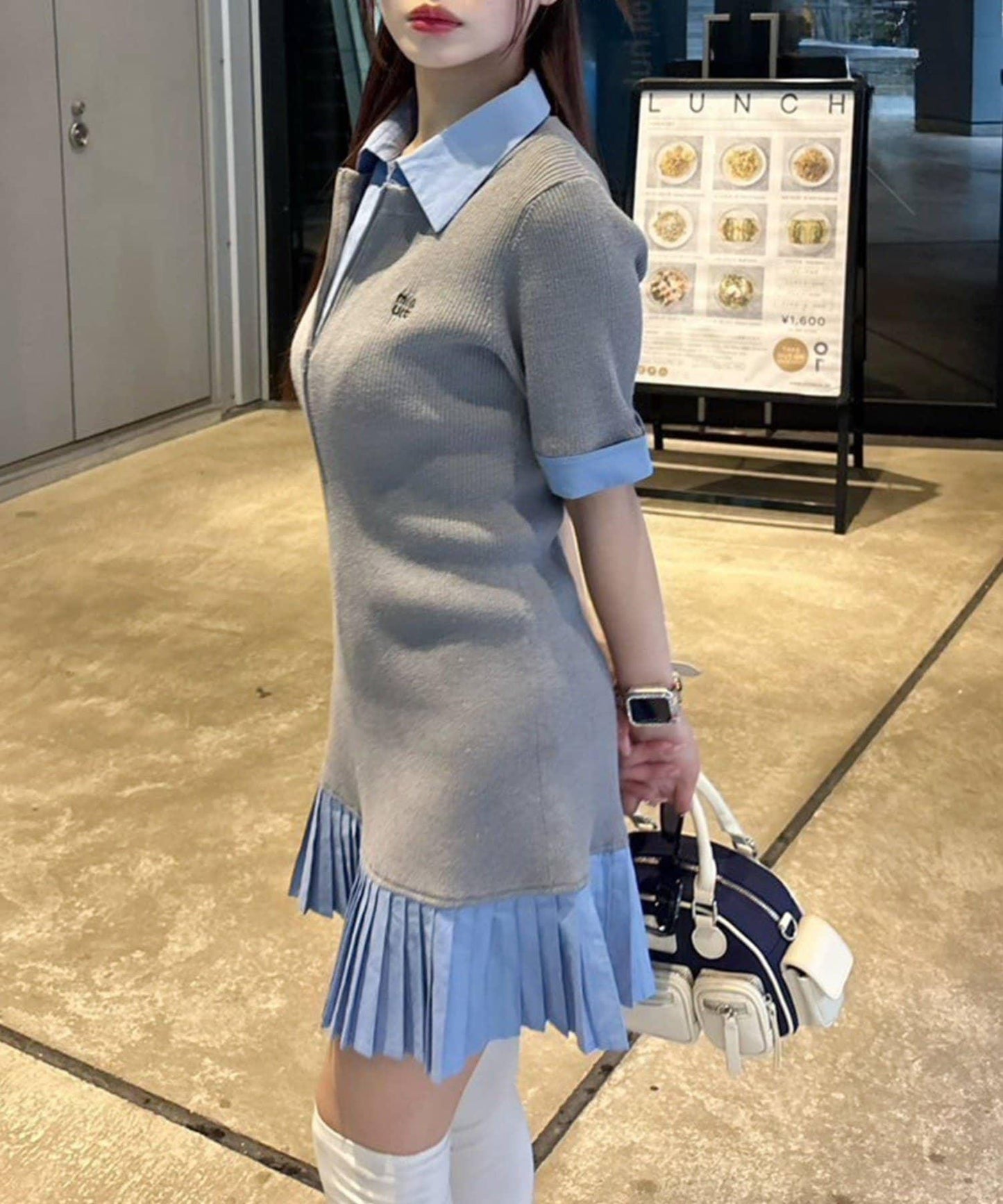 one after another 拼接百褶短袖連衣裙