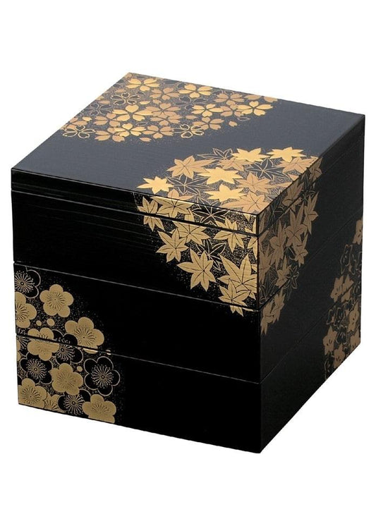 北一漆器 花丸春秋圖案 溜漆 三層重箱