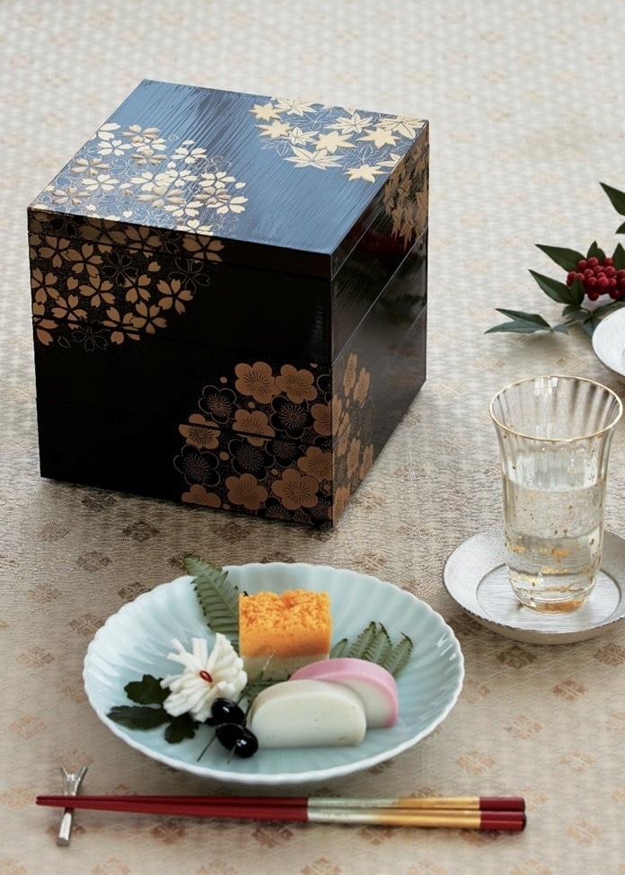 北一漆器 花丸春秋圖案 溜漆 三層重箱