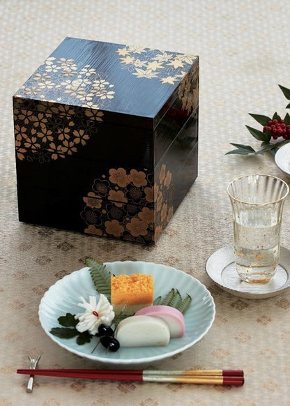 北一漆器 花丸春秋圖案 溜漆 三層重箱