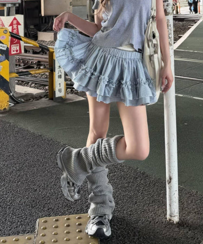 純色/格紋 分層蓬鬆設計 迷你半身裙