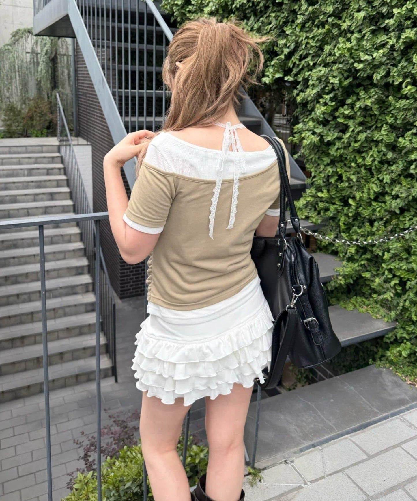 純色 / 花卉 / 條紋 層疊設計 迷你裙褲
