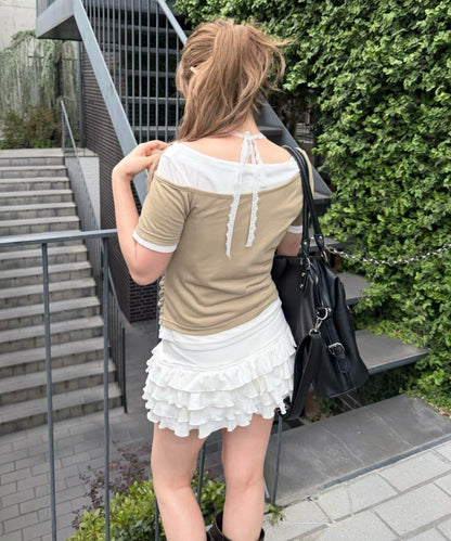 純色 / 花卉 / 條紋 層疊設計 迷你裙褲