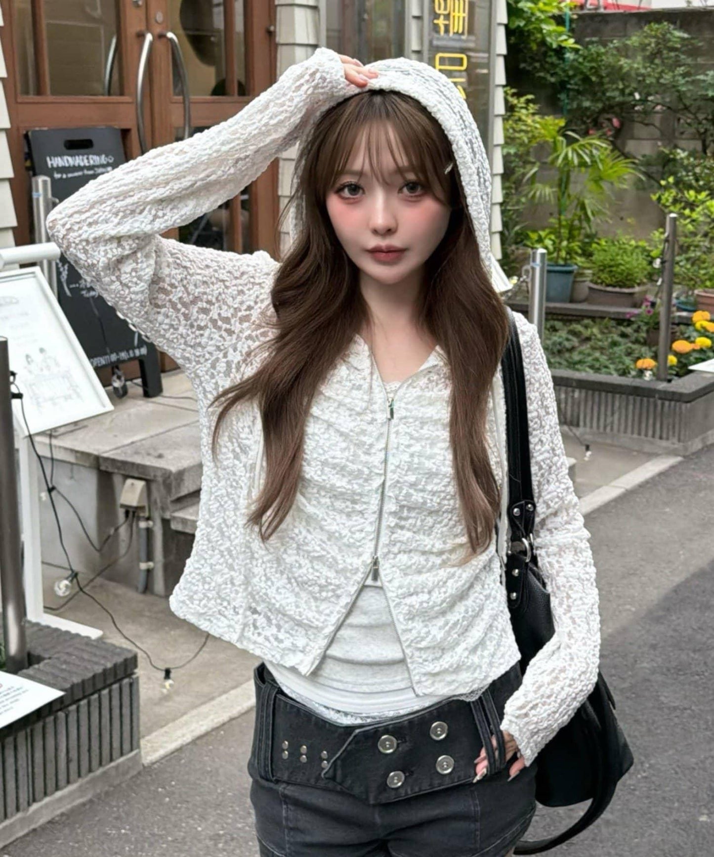 純色蕾絲 抽褶設計 針織 連帽上衣