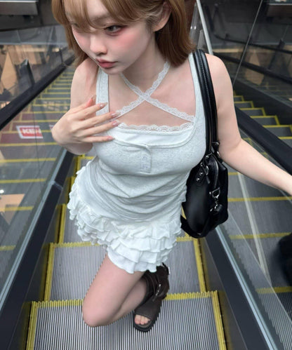 條紋蕾絲 疊穿設計 帶胸墊 吊帶背心