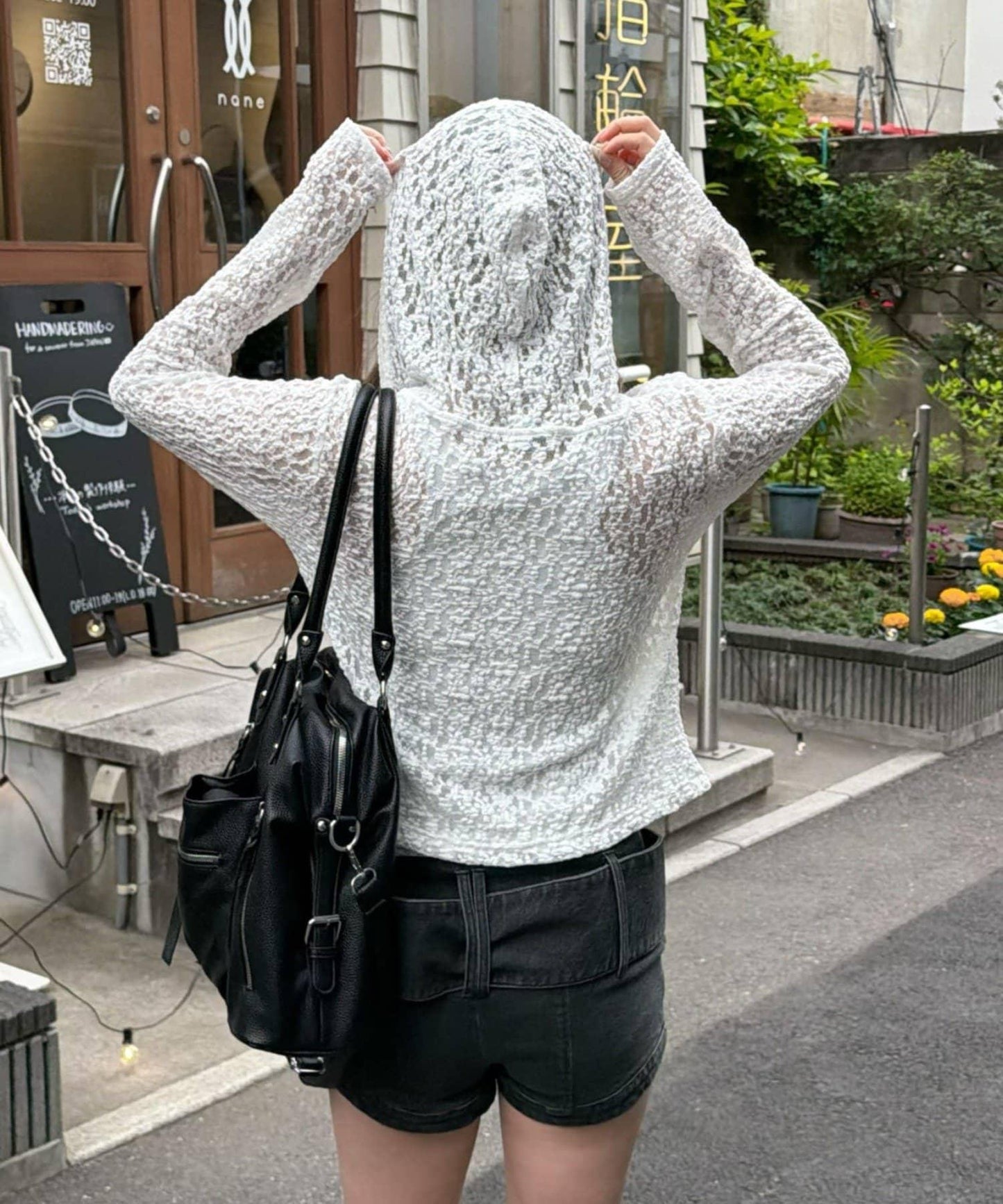 純色蕾絲 抽褶設計 針織 連帽上衣