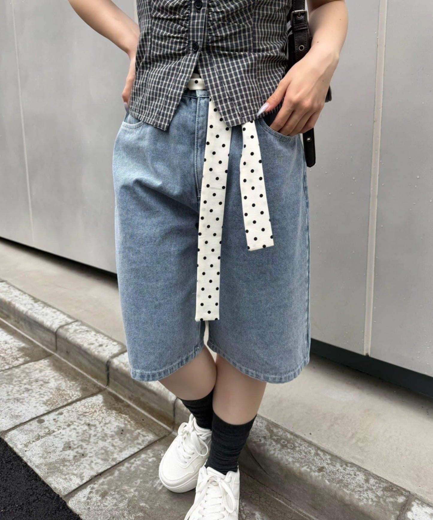 蕾絲波點腰帶 半長牛仔褲