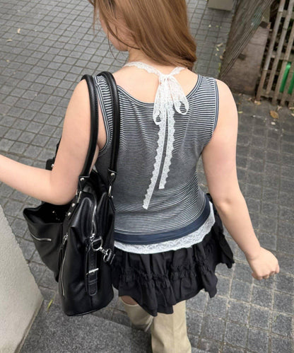 條紋蕾絲 疊穿設計 帶胸墊 吊帶背心