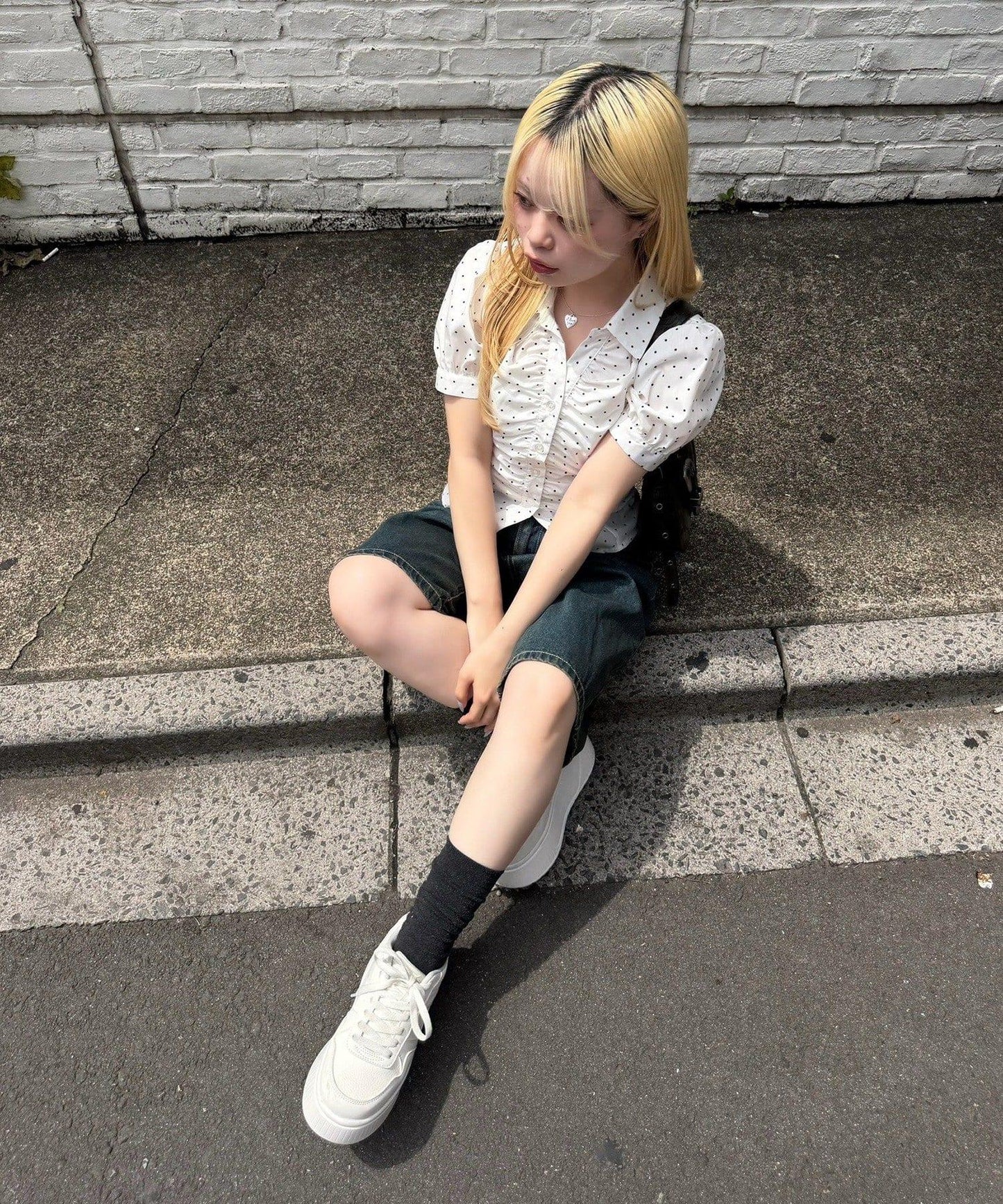 蕾絲波點腰帶 半長牛仔褲