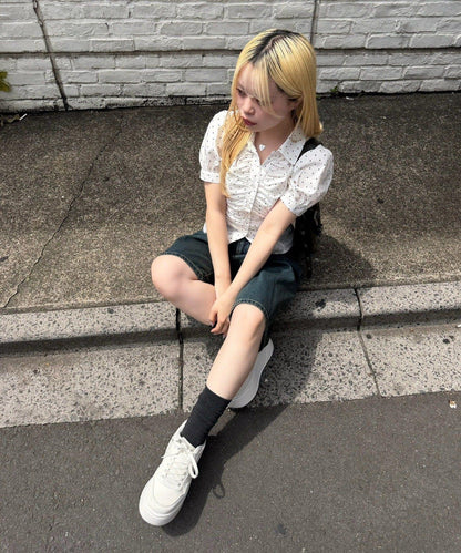 蕾絲波點腰帶 半長牛仔褲
