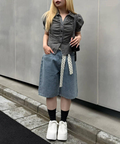 蕾絲波點腰帶 半長牛仔褲