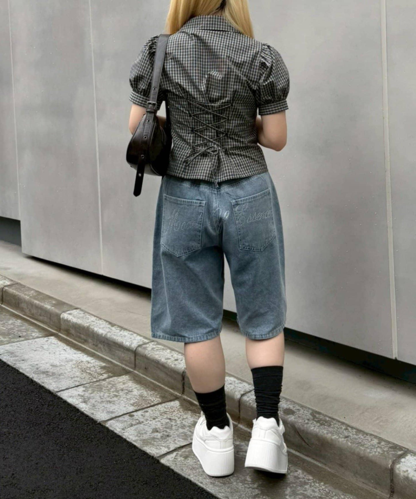 蕾絲波點腰帶 半長牛仔褲