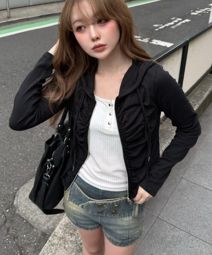 純色蕾絲 抽褶設計 針織 連帽上衣