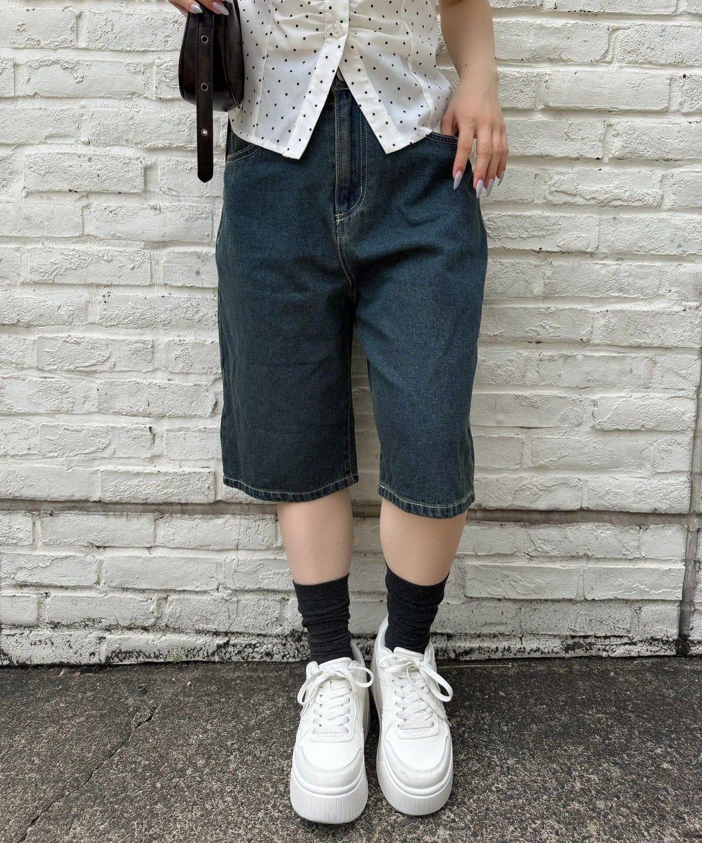 蕾絲波點腰帶 半長牛仔褲