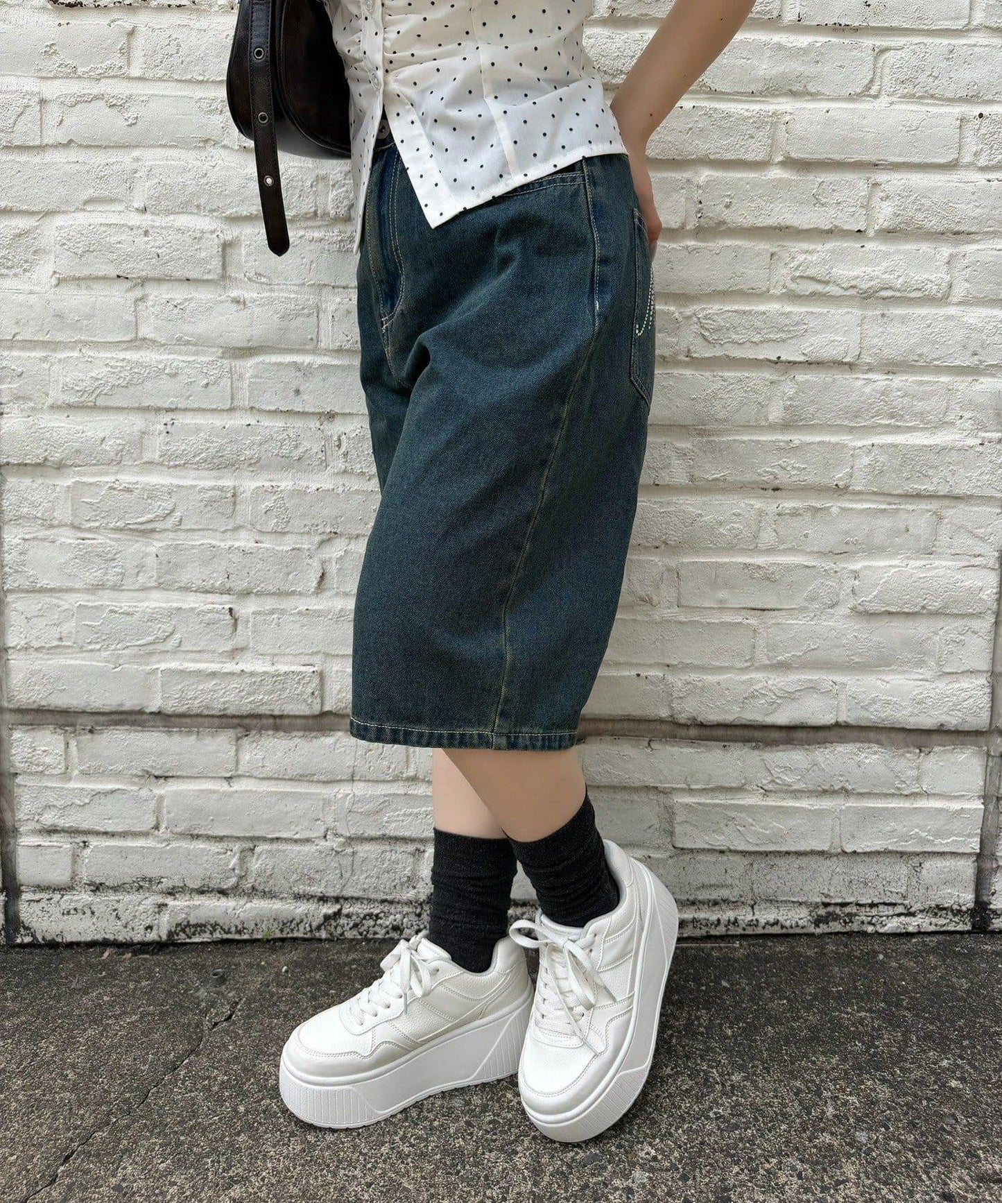 蕾絲波點腰帶 半長牛仔褲