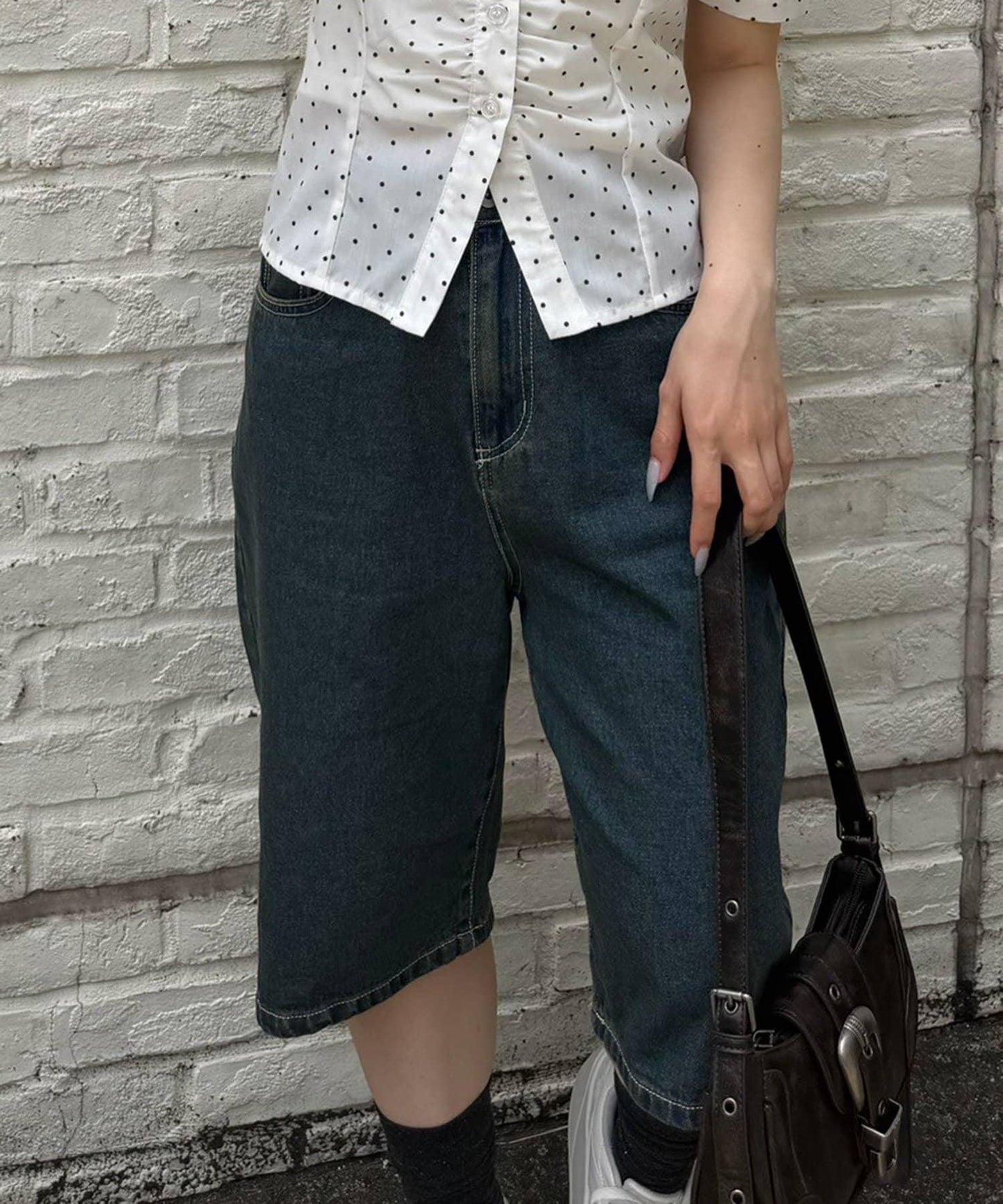 蕾絲波點腰帶 半長牛仔褲