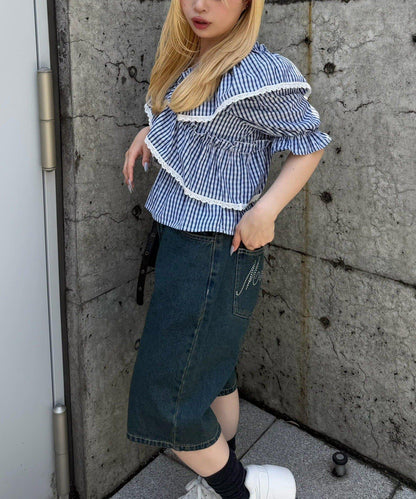 蕾絲波點腰帶 半長牛仔褲