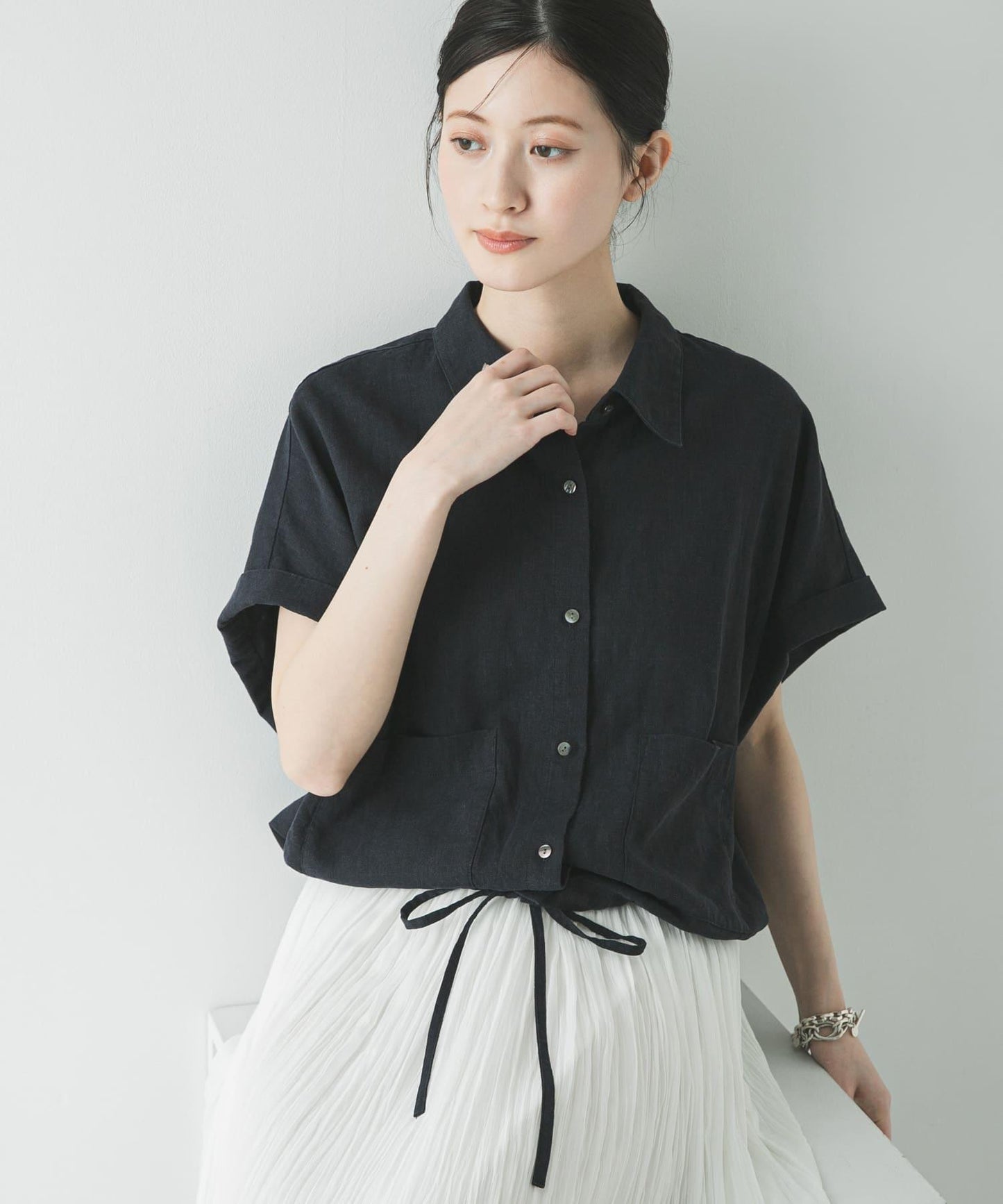 亞麻人造絲 五分袖襯衫