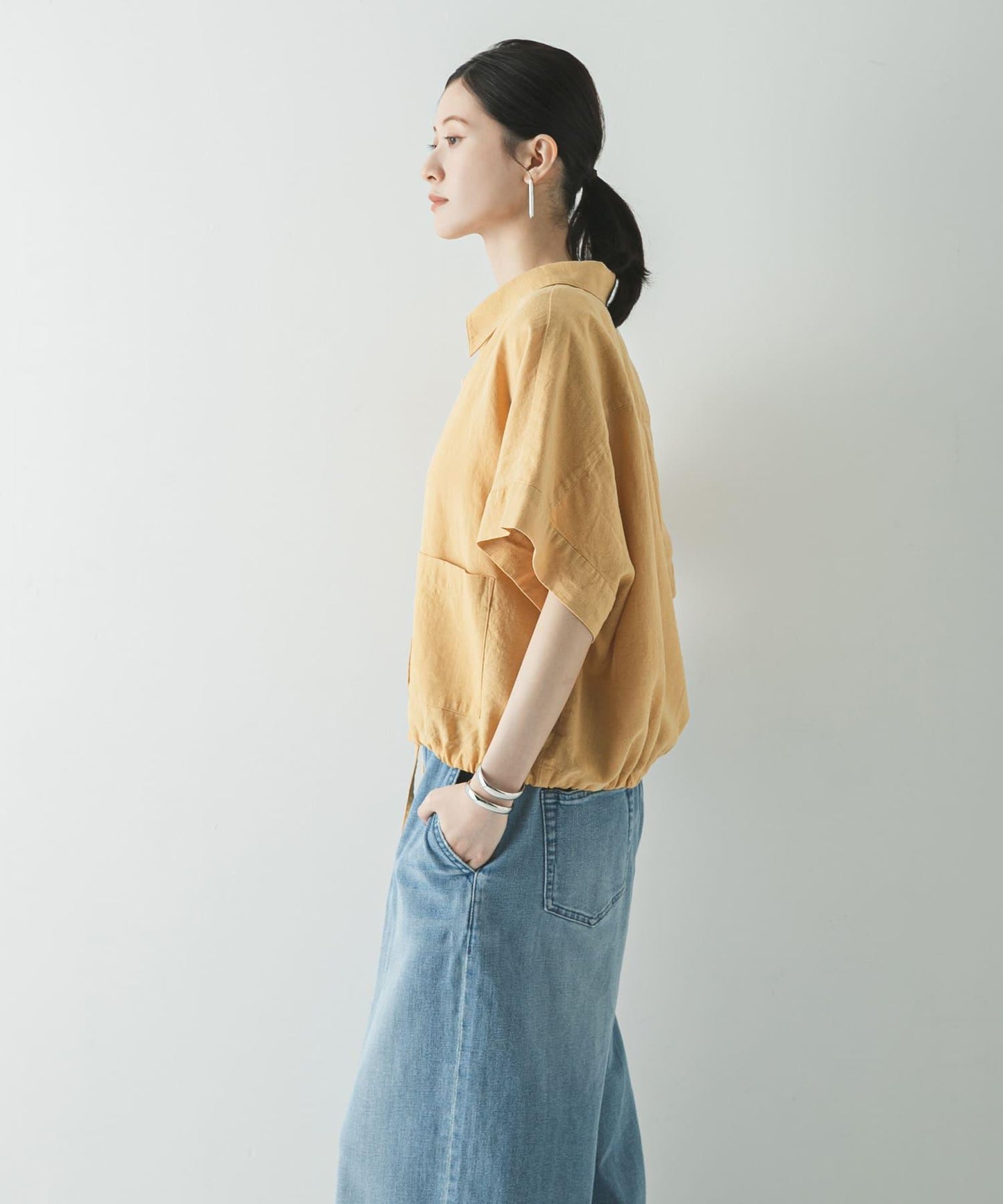 亞麻人造絲 五分袖襯衫