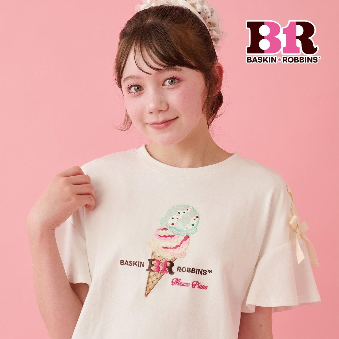 サーティワン アイスクリーム → 品牌名，保持原樣 非 IP 商品 → 全部按服飾規則轉成中文描述 最終商品名如下： 接觸冷感袖部繫帶蕾絲拼接T恤（サーティワン アイスクリーム）